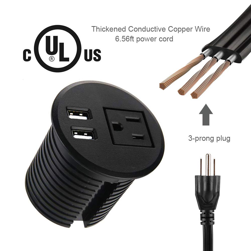 Desktop Power Grommet 2 3/8 inch Hole Table Power Grommet Outlet with 2 USB Charging Ports,6.5ft Extension Cord Desk Power Strip with 1 Outlets for Computer,Table, Kitchen, Office,Home,Hotel and More