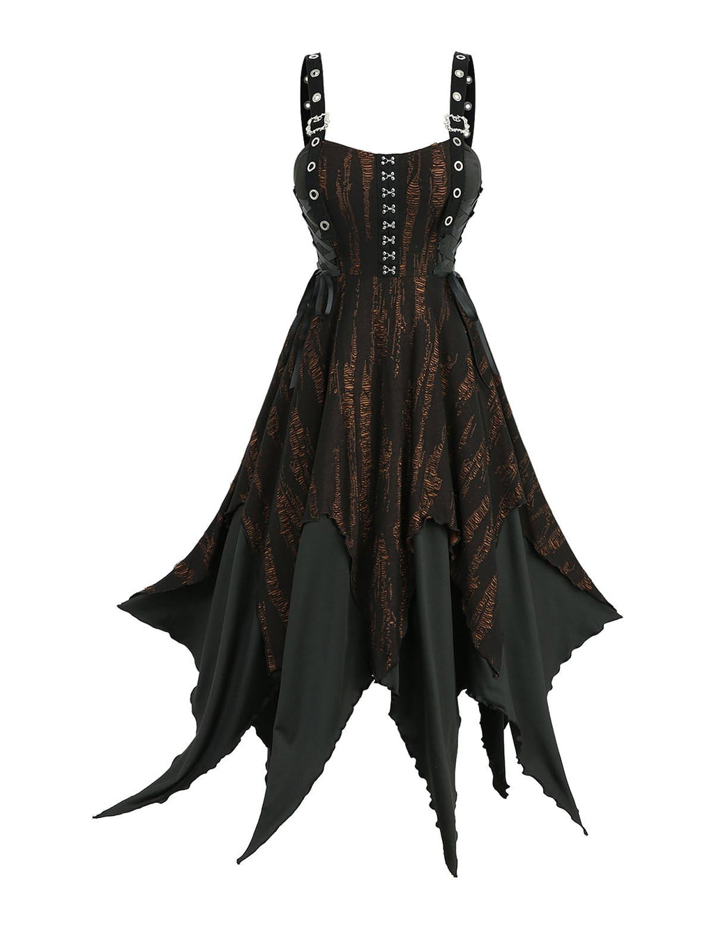 ROSE GAL Plus Size Women Goth Punk Ripped Handkerchief Dress Layered Hook-and-Eye Lace-up Buckles Grommet Midi Grunge Gothic Halloween Costume Dress(Black_1/L)