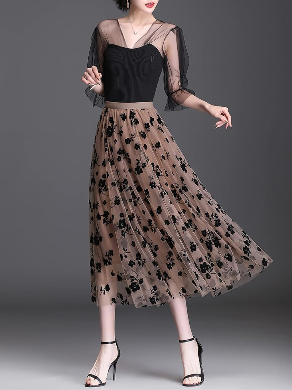 Reaowazo Skirts for Women Midi Long Length Dressy Casual Trendy Summer Tulle A-Line Floral High Waist Skirt Khaki L-XL