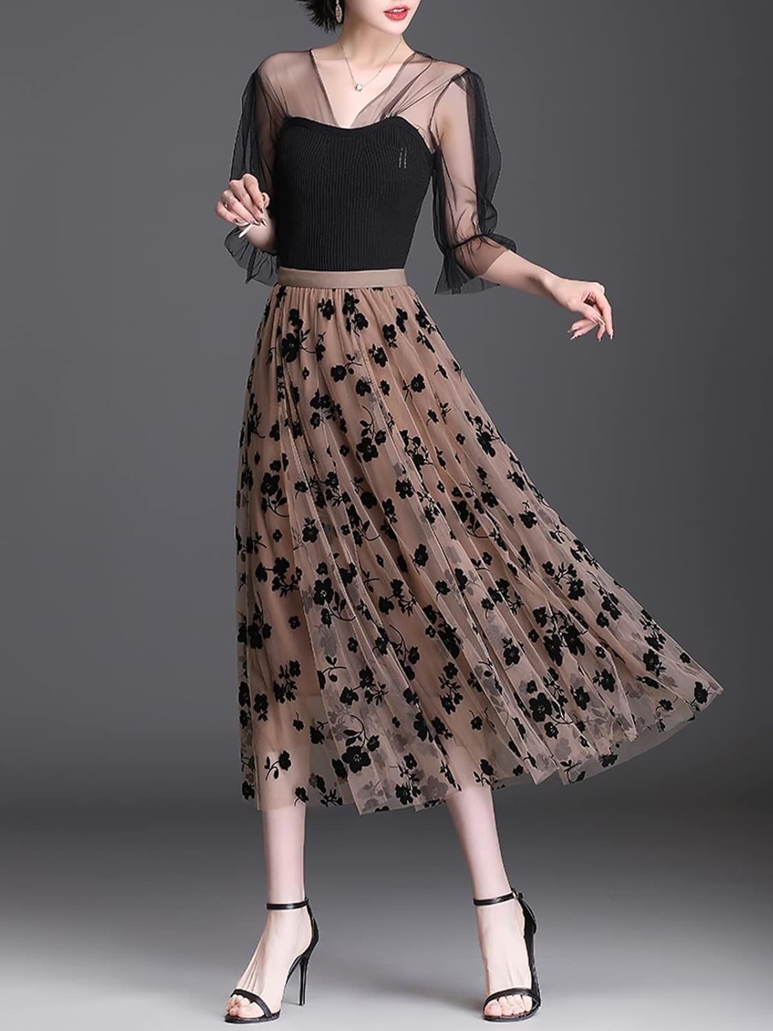 Reaowazo Skirts for Women Midi Long Length Dressy Casual Trendy Summer Tulle A-Line Floral High Waist Skirt Khaki L-XL