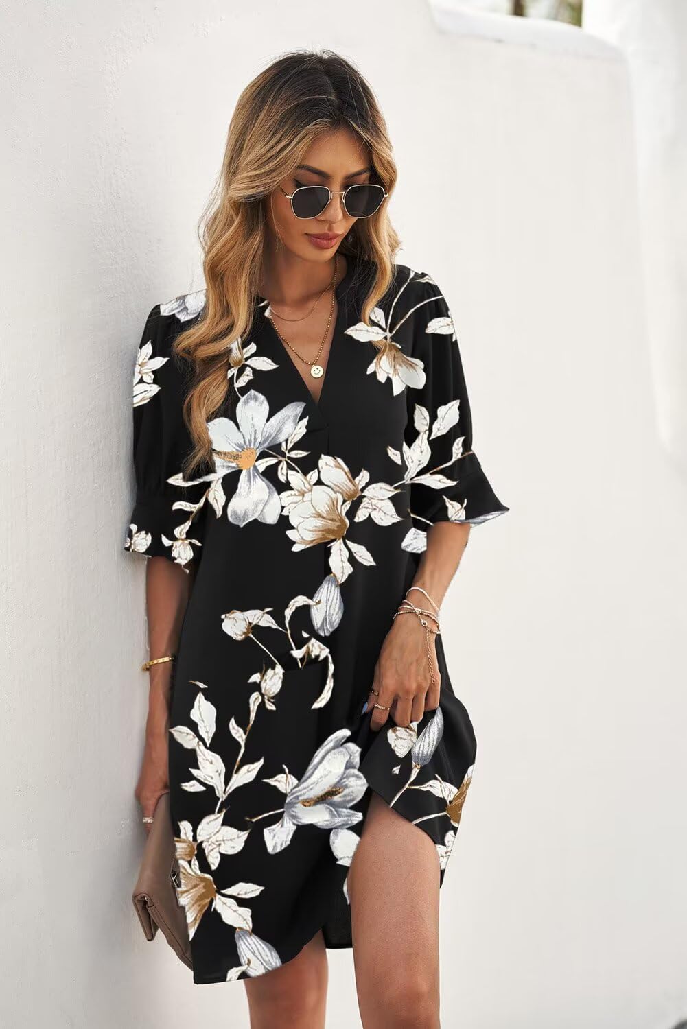 QACOHU Casual Dresses for Women Ladies Ruffle Sleeves Split V-Neck Straight Fit Floral Print Slim Dress Black Flower L