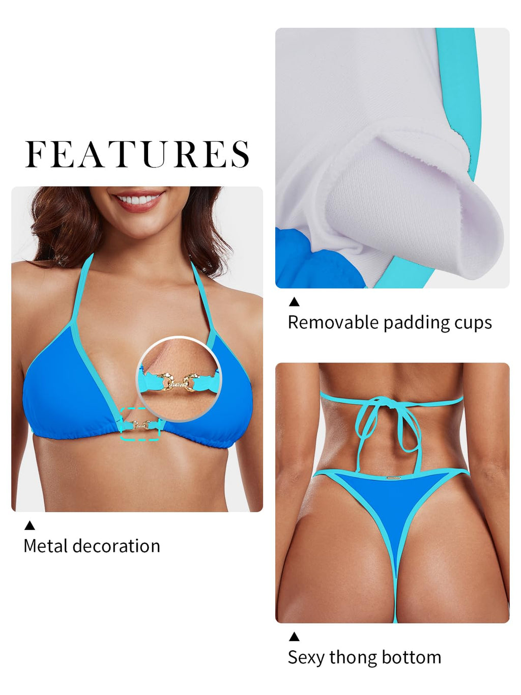 RELLECIGA Women's Thong Bikini Set Triangle Halter Brazilian Two Piece Swimsuit(Turquoise,Large