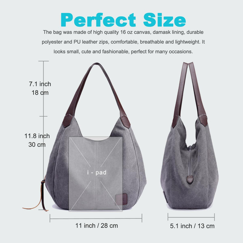 DOURR Women's Multi-pocket Shoulder Bag Fashion Cotton Canvas Handbag Tote Purse (Brown - Medium Size)