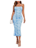 GORGLITTER Women's Floral Spring Summer Wedding Guest Dress Bridal Shower Cocktail Tea Party Beach Midi Sun Dress 2026 Blue Florals Small