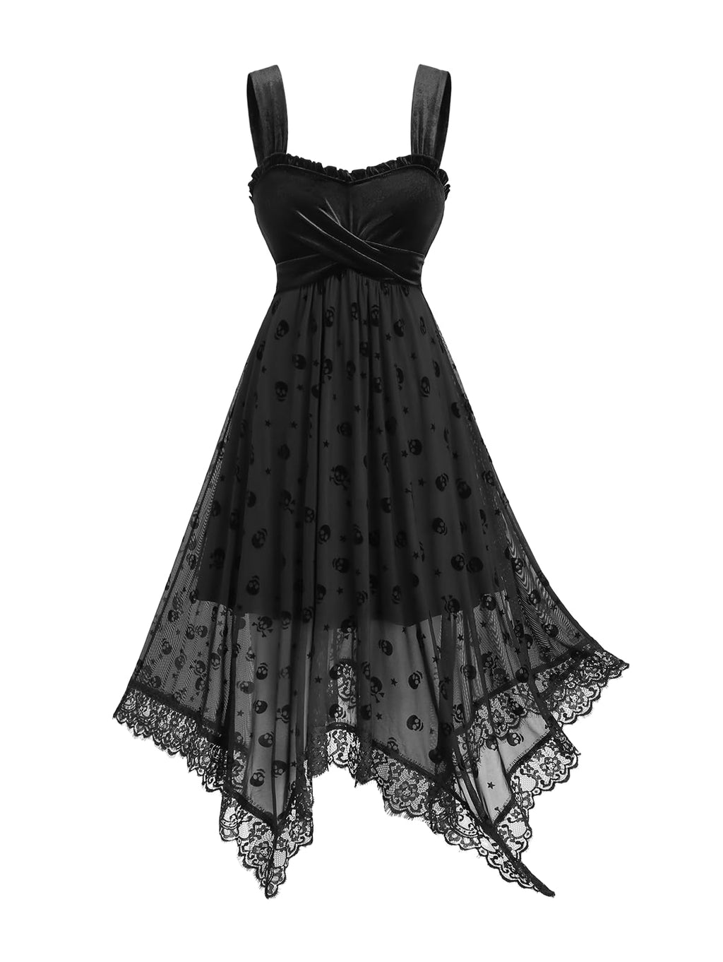 DRESSFO Gothic Vintage Skull Stars Mesh Flocking Crossover Velvet Patchwork Asymmetric Dress(Black/XL)