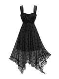 DRESSFO Gothic Vintage Skull Stars Mesh Flocking Crossover Velvet Patchwork Asymmetric Dress(Black/XL)