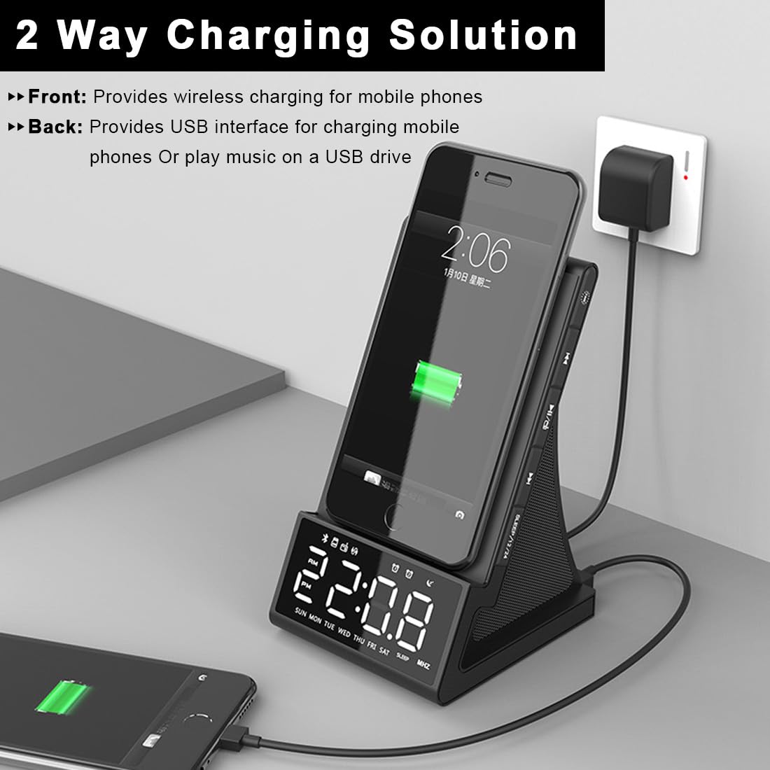 dpnao 8-in-1 Wireless Charging Station with Bluetooth Speaker, Alarm Clock,FM Radio,Remote Control,Fast Charging Dock Compatible with iPhone 17/16/15/14, Samsung S25/S24,Android Phones