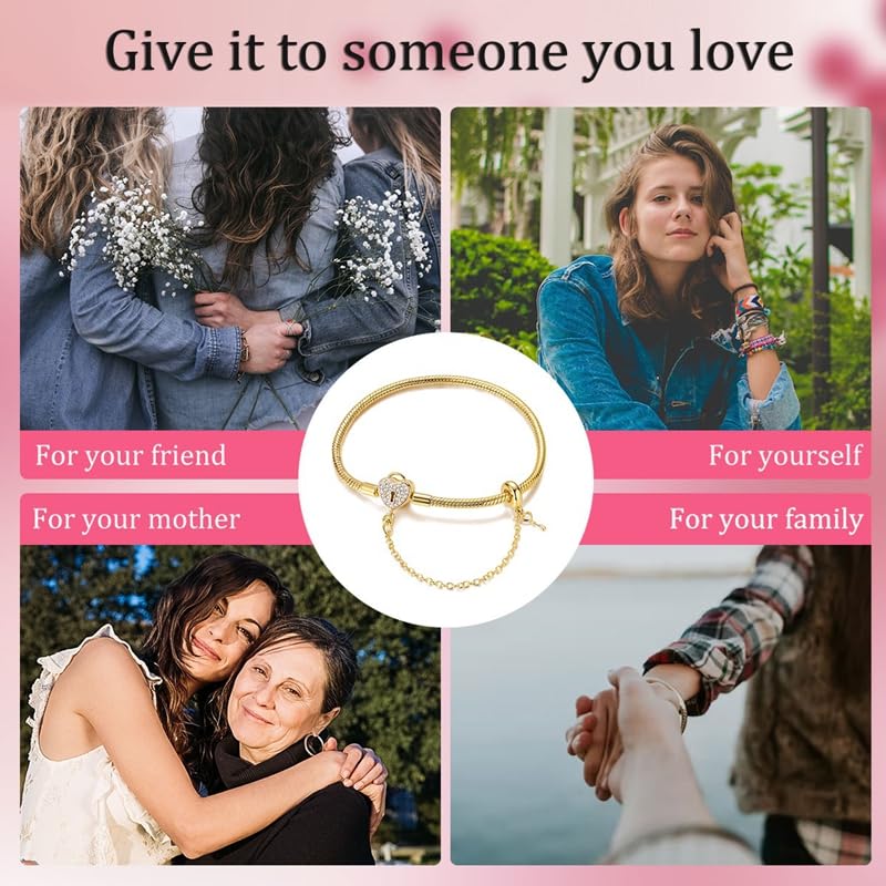 BEVALY 19cm Gold Heart Key and Padlock Charm Bracelet 925 Sterling Silver Bead Bracelet with 5A Cubic Zirconia for Women Gift for Friend