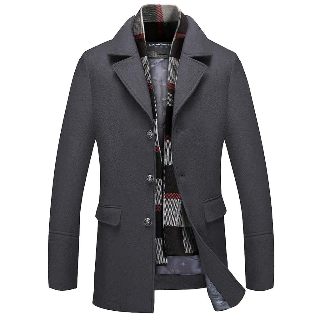 INVACHI Mens Wool Blend Coat Warm Winter Trench Coat with Detachable Soft Scarf Single Breasted Overcoat (US, Alpha, Small, Regular, Regular, Grey)