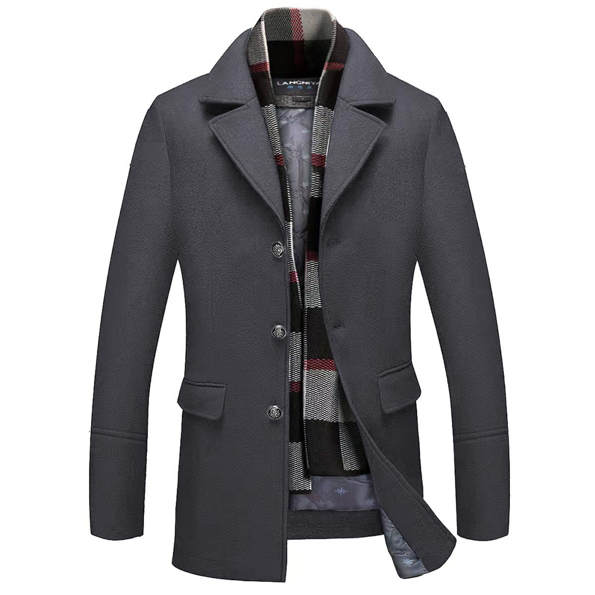 INVACHI Mens Wool Blend Coat Warm Winter Trench Coat with Detachable Soft Scarf Single Breasted Overcoat (US, Alpha, Small, Regular, Regular, Grey)