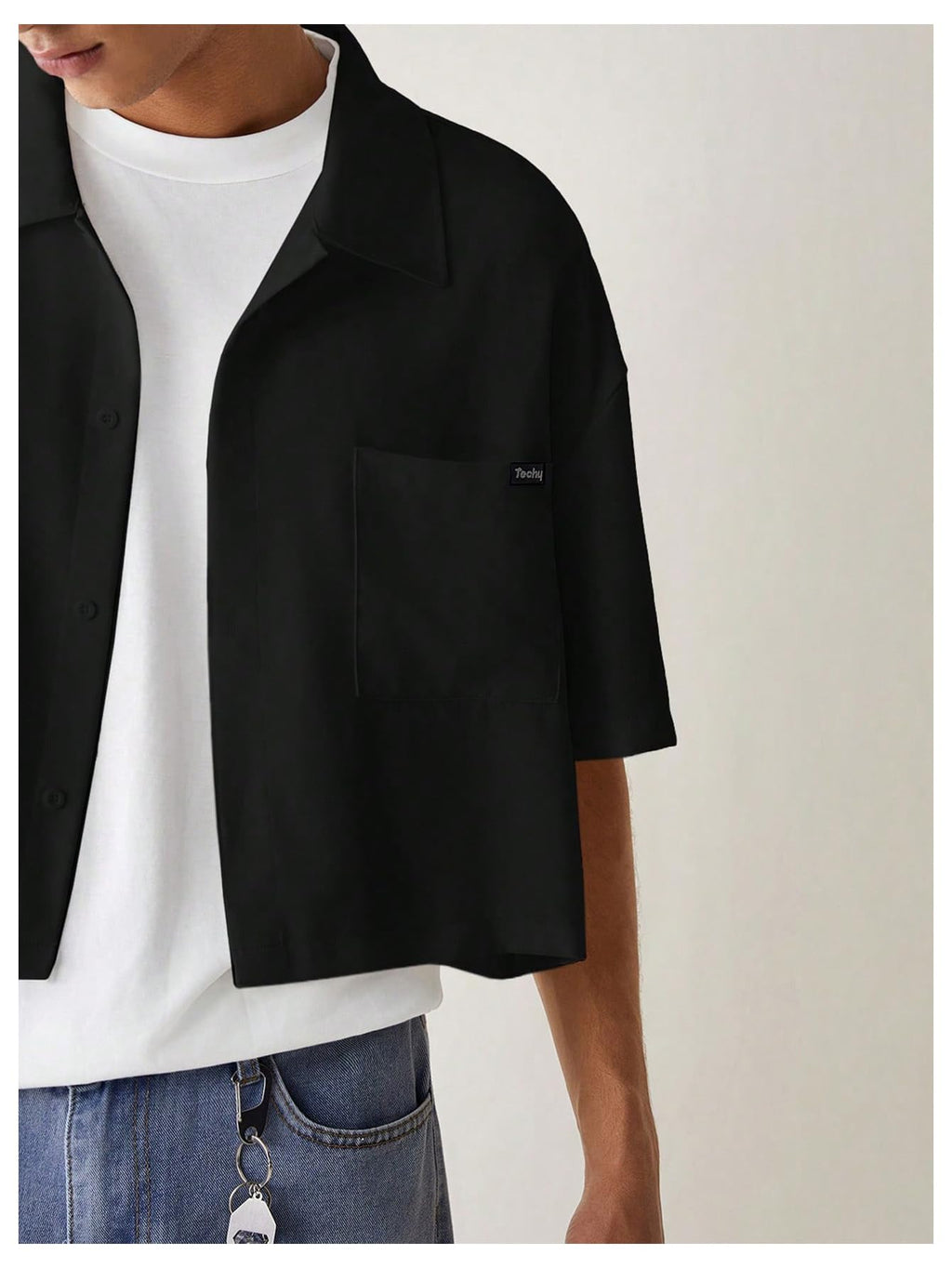 SHENHE Men's Summer Short Sleeve Button Down Crop Shirt Loose Fit Casual Shirt with Pockets Black Small