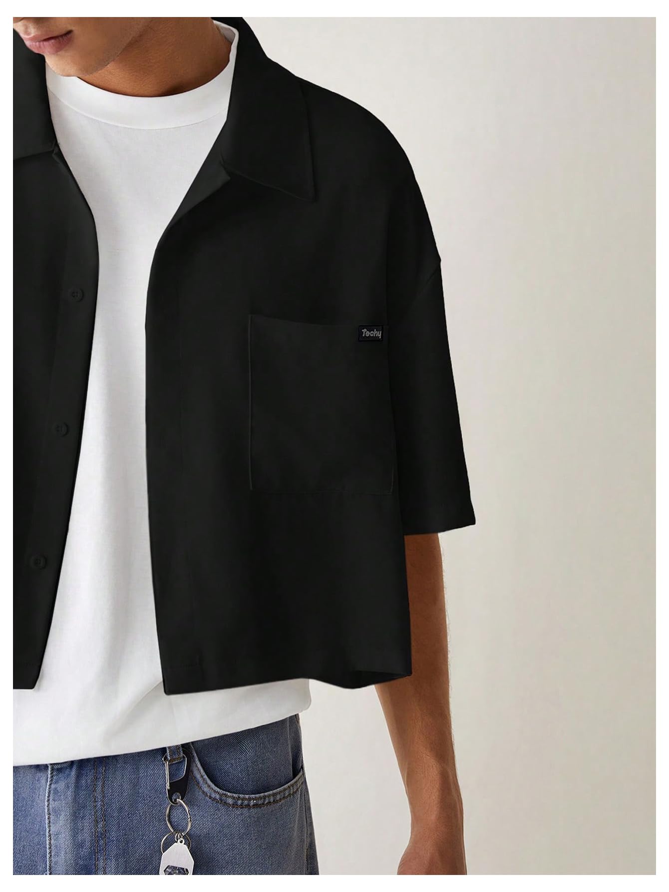 SHENHE Men's Summer Short Sleeve Button Down Crop Shirt Loose Fit Casual Shirt with Pockets Black Small