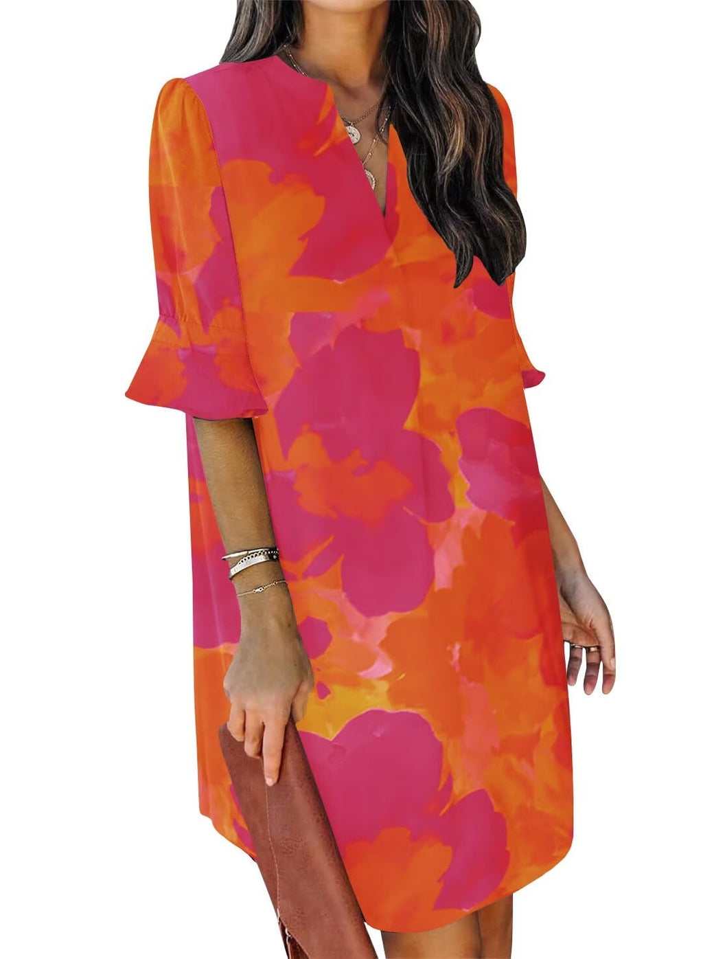 QACOHU Spring Summer Dresses for Women 2026 Ruffle Sleeves Sundress Simple Mini Dress V-Neck Shift Dress Orange Flower L