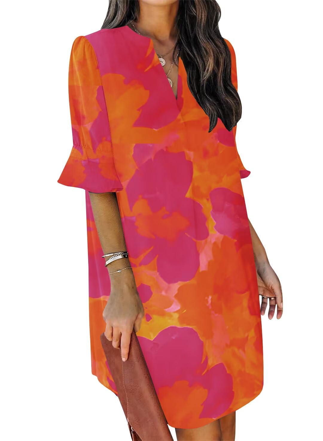 QACOHU Spring Summer Dresses for Women 2026 Ruffle Sleeves Sundress Simple Mini Dress V-Neck Shift Dress Orange Flower L