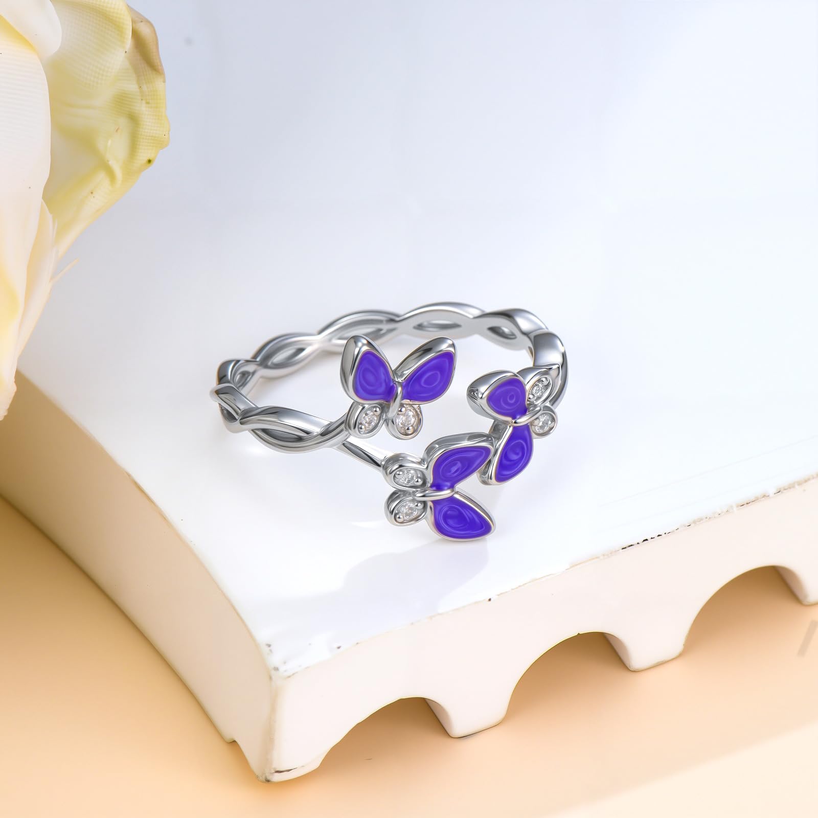 LWXIE Diamond Butterfly Rings for Women 925 Sterling Silver Purple Enamel Floral Butterfly Ring with Lab Grown Diamond Jewelry Gifts for Birthday