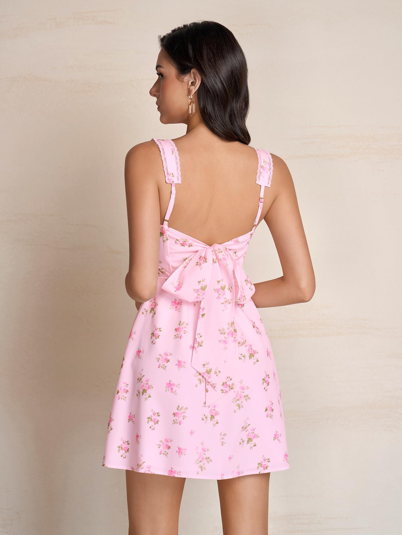 KUTUMAI Cute Bow Tie Mini Dress Lace Floral Corset Short Graduation Dresses for Women 2026 Summer PinkFloral XS