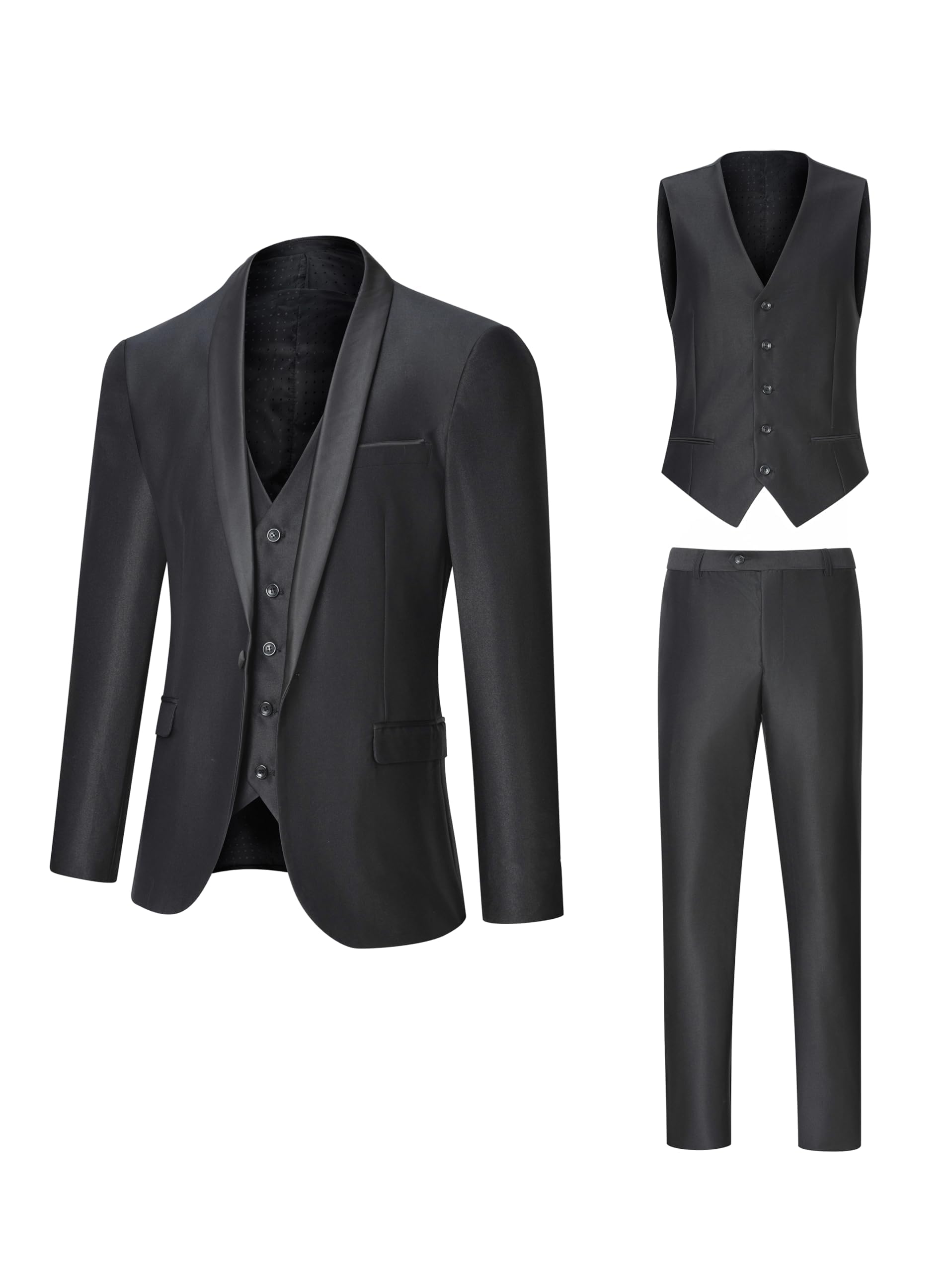 Men's Suit 3 Piece Slim Fit Suits for Men, One Button Solid Shawl Lapel Blazer Jacket Vest Pants Set for Party Wedding Black
