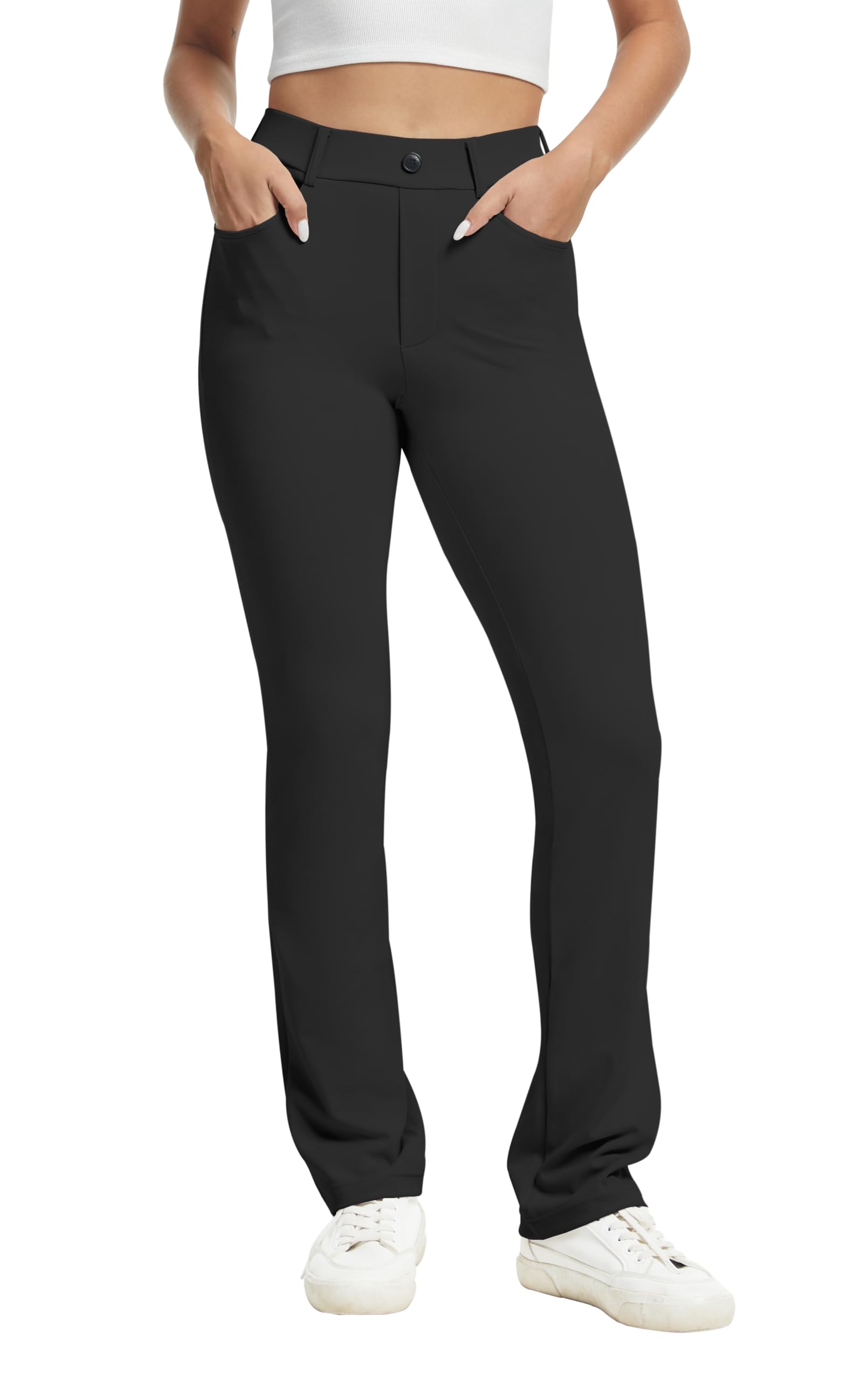 VIMPEP Yoga Pants Women Straight Leg Pants with Pockets High Waist Stretchy Pull On Dress Slacks for Casual Lounge Office Work Petite/Regular 1202 31 Black XL