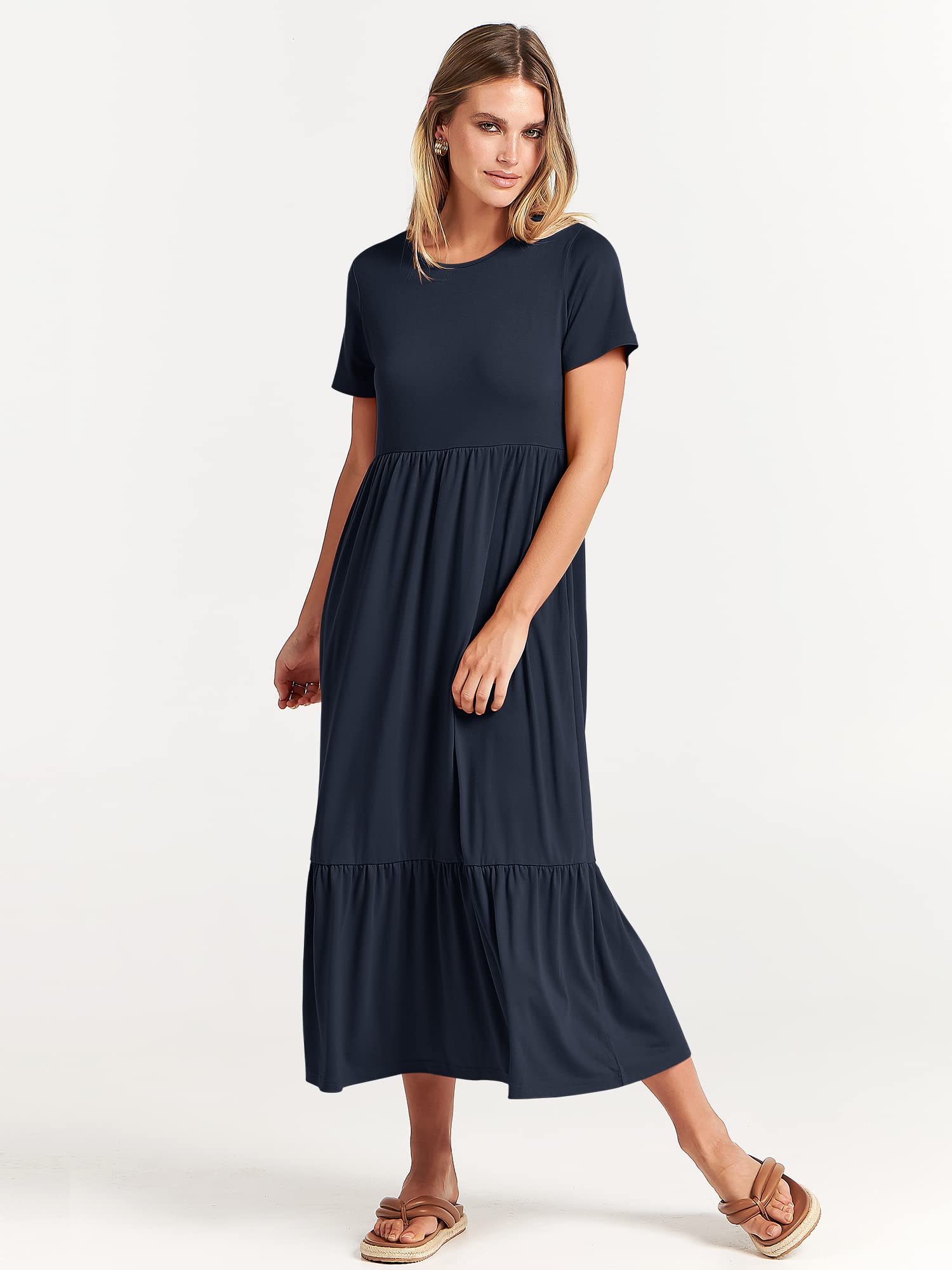 ANRABESS Womens 2025 Summer Casual Maxi Dress A line Tiered Flowy Short Sleeve Crewneck T Shirt Beach Travel Long Dresses X-Large Navy Blue