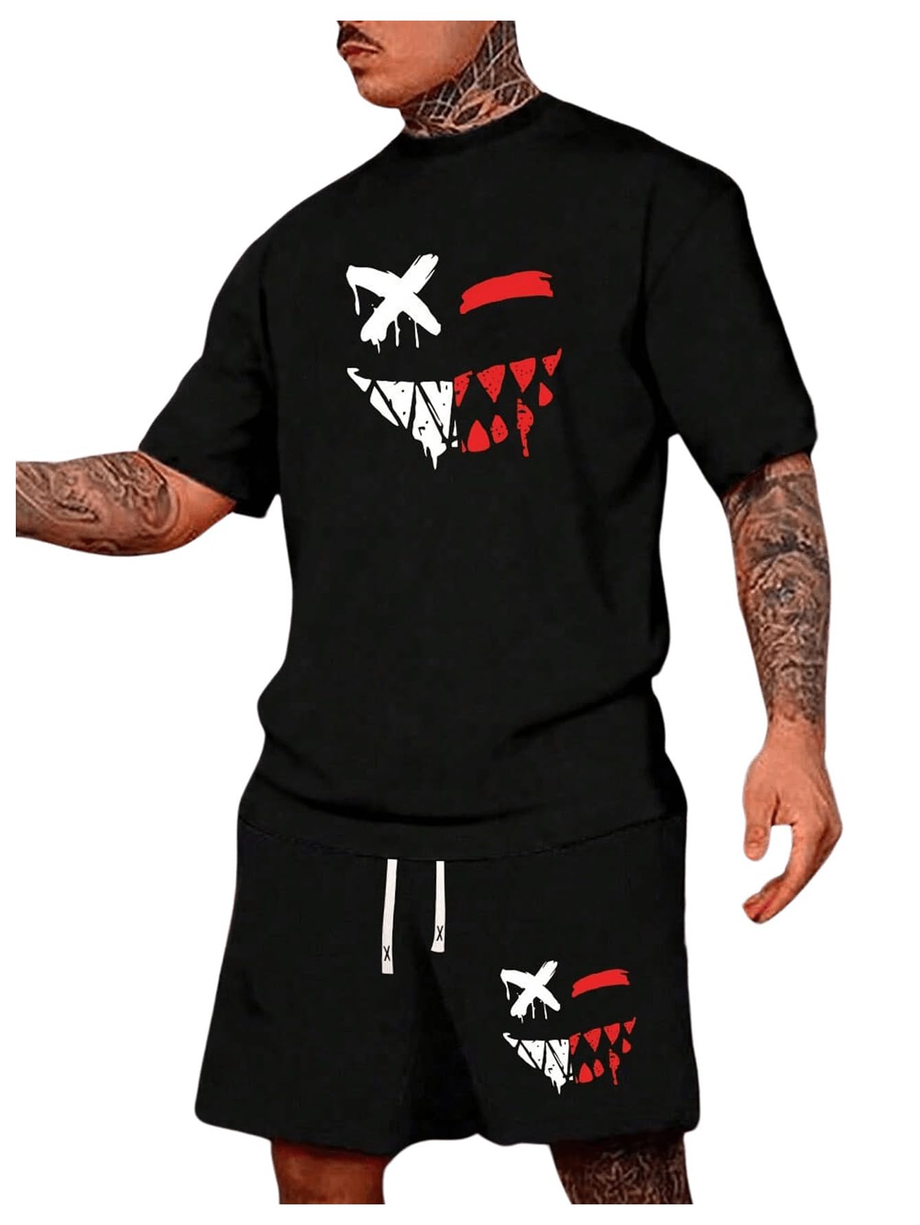 WDIRARA Men's 2 Piece Short Sets Graphic Print Short Sleeve T Shirts and Drawstring Shorts Clothing Set Black Large