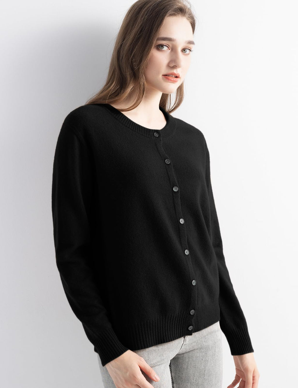 Chanyarn Women's 100% Pure Cashmere Cardigan Crew Neck Long Sleeve 2025 Fall Winter Warm Soft Knit Cardigan Sweater (Black,M)