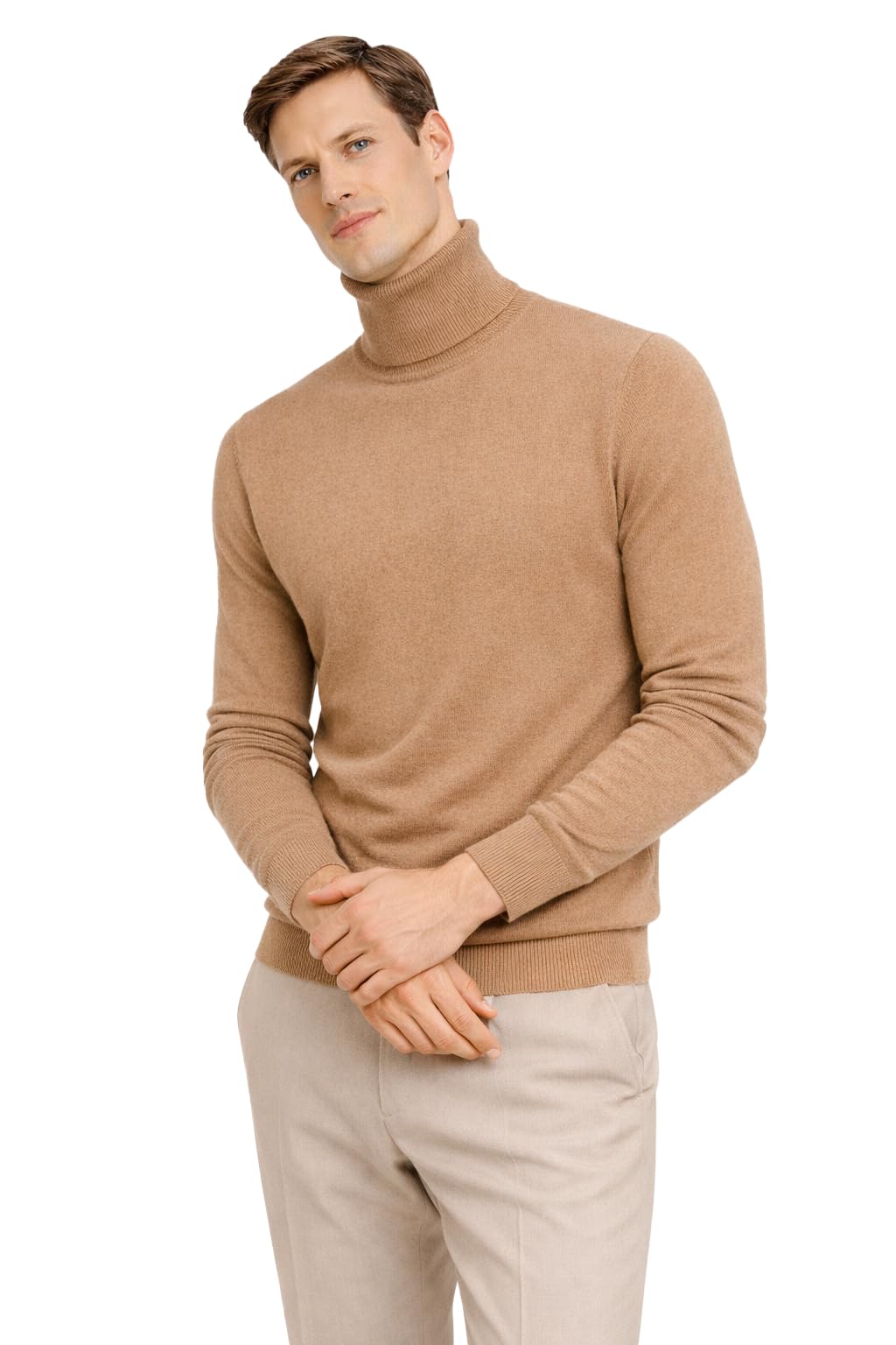 State Cashmere Men's Essential Turtleneck Sweater 100% Pure Cashmere Classic Long Sleeve Pullover (Camel, Large)