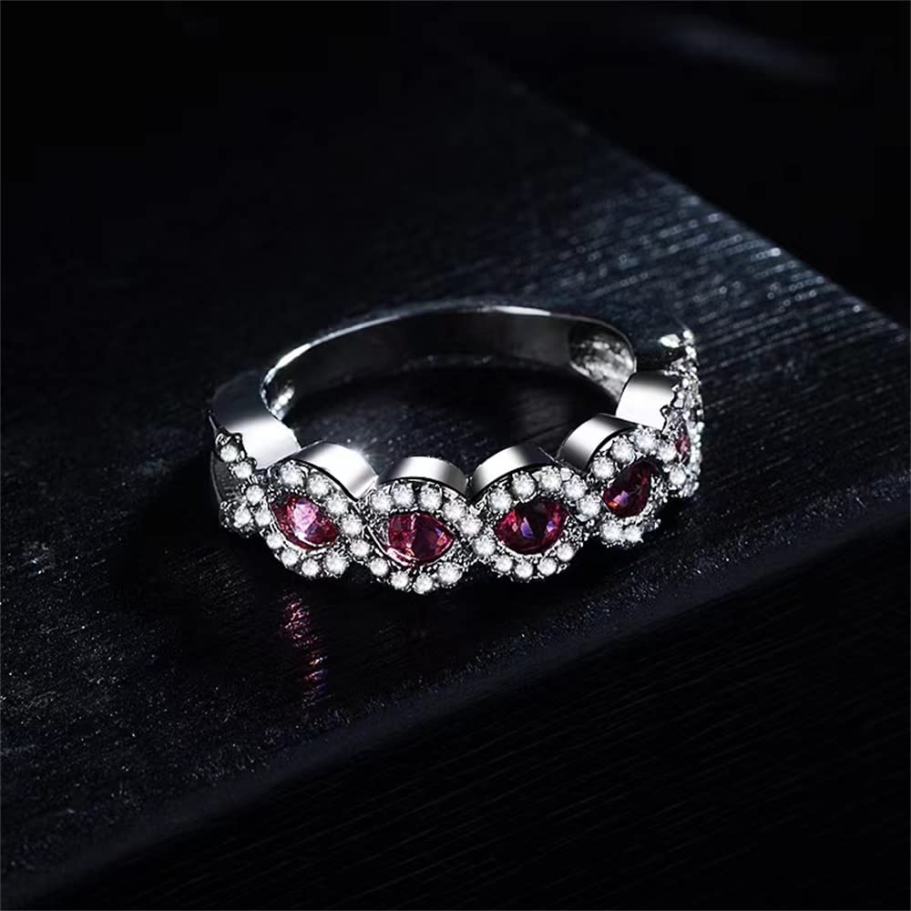 925 Sterling Silver Shiny Full Diamond Ring 18K Gold Ruby Cocktail Ring Red Gem Zirconia Promise Rings CZ Diamond Multi Row Ring Eternity Engagement Wedding Band Ring for Women Z.7 (US Code 8)