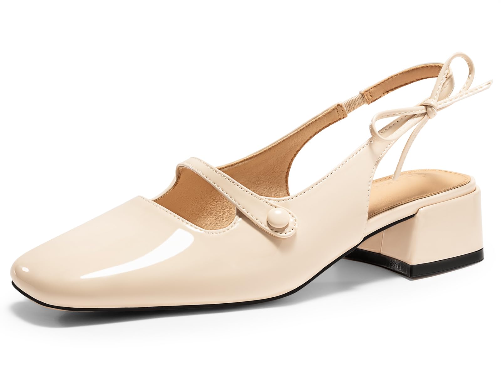 Coutgo Womens Mary Jane Shoes Slingback Chunky Low Heels Bow Closed Square Toe Pumps Wedding Party Dress Shoes, Apricot, Size 6