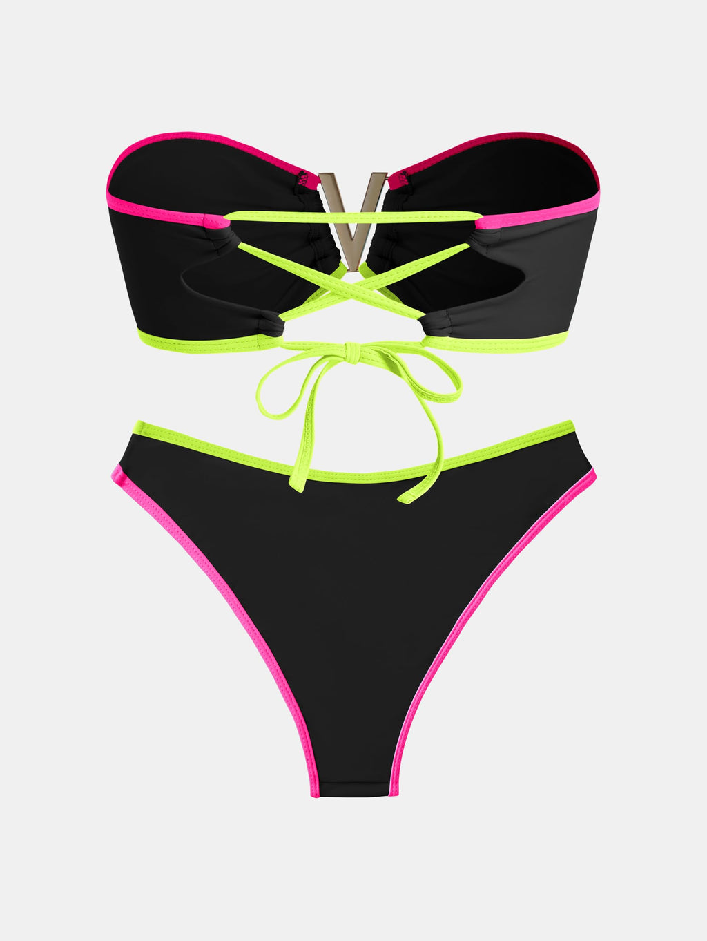 ZAFUL Women's Bandeau Bikini V Strapless Confetti Colorblock Tie Back High Cut Two Piece Swimsuit Bathing Suits (1-Black, M)