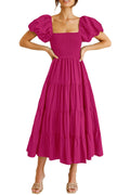 PRETTYGARDEN Women's Casual Summer Midi Dress Puffy Short Sleeve Square Neck Smocked Tiered Ruffle Dresses, Lightweight (Dark Rose Red,Small)