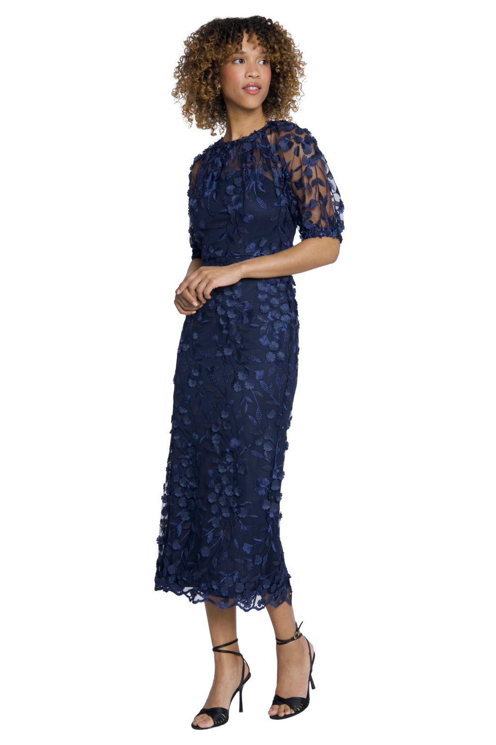 Maggy London Women's Dresses Elegant Illusion Neck Elbow Sleeves Midi Dress for Women | Cocktail Dresses for Women, Navy, 0