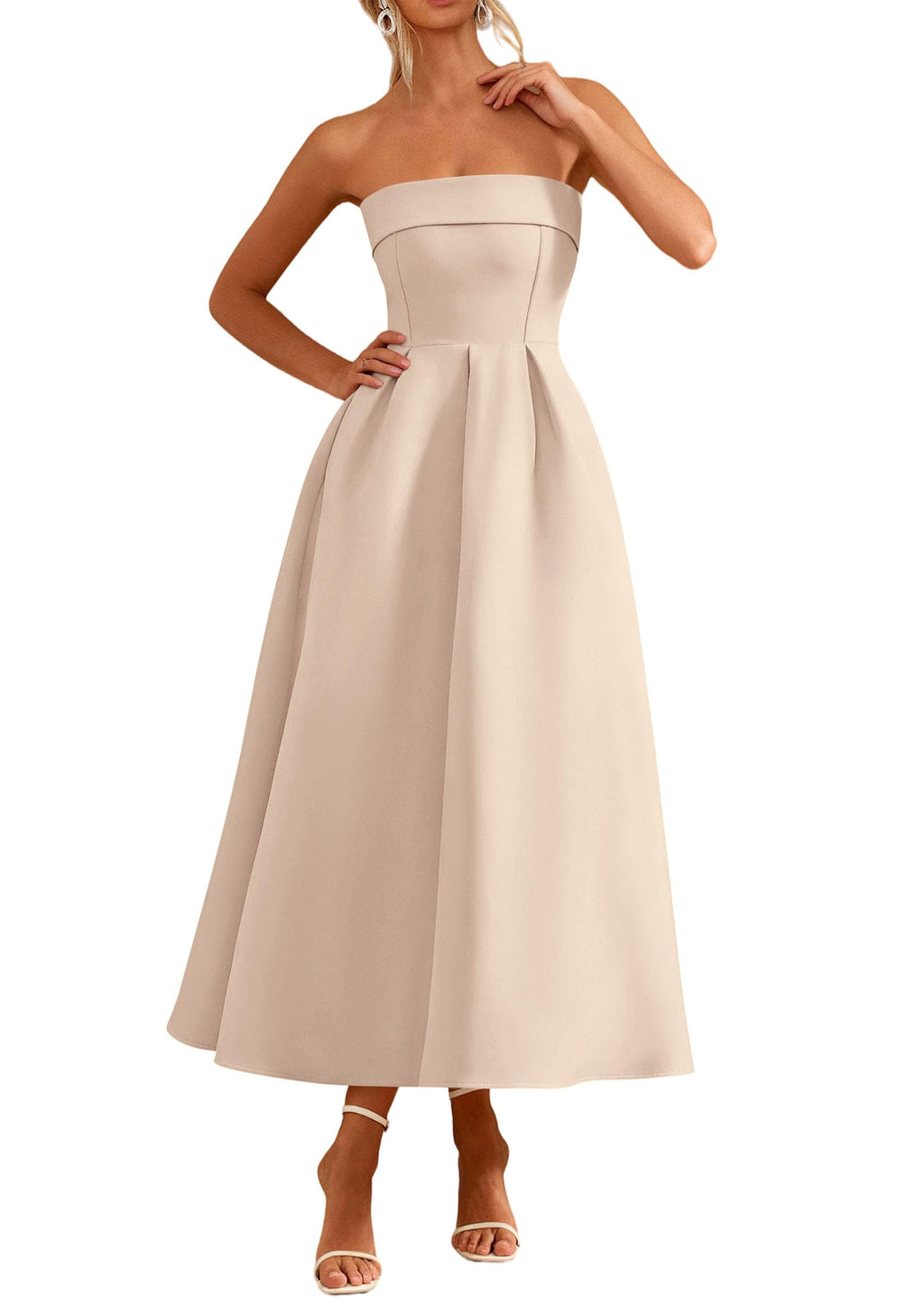 PRETTYGARDEN Cocktail Dresses for Women 2026 Summer Formal Elegant Tube Top Strapless Spring Wedding Guest Party Midi Dress(Beige,Small)