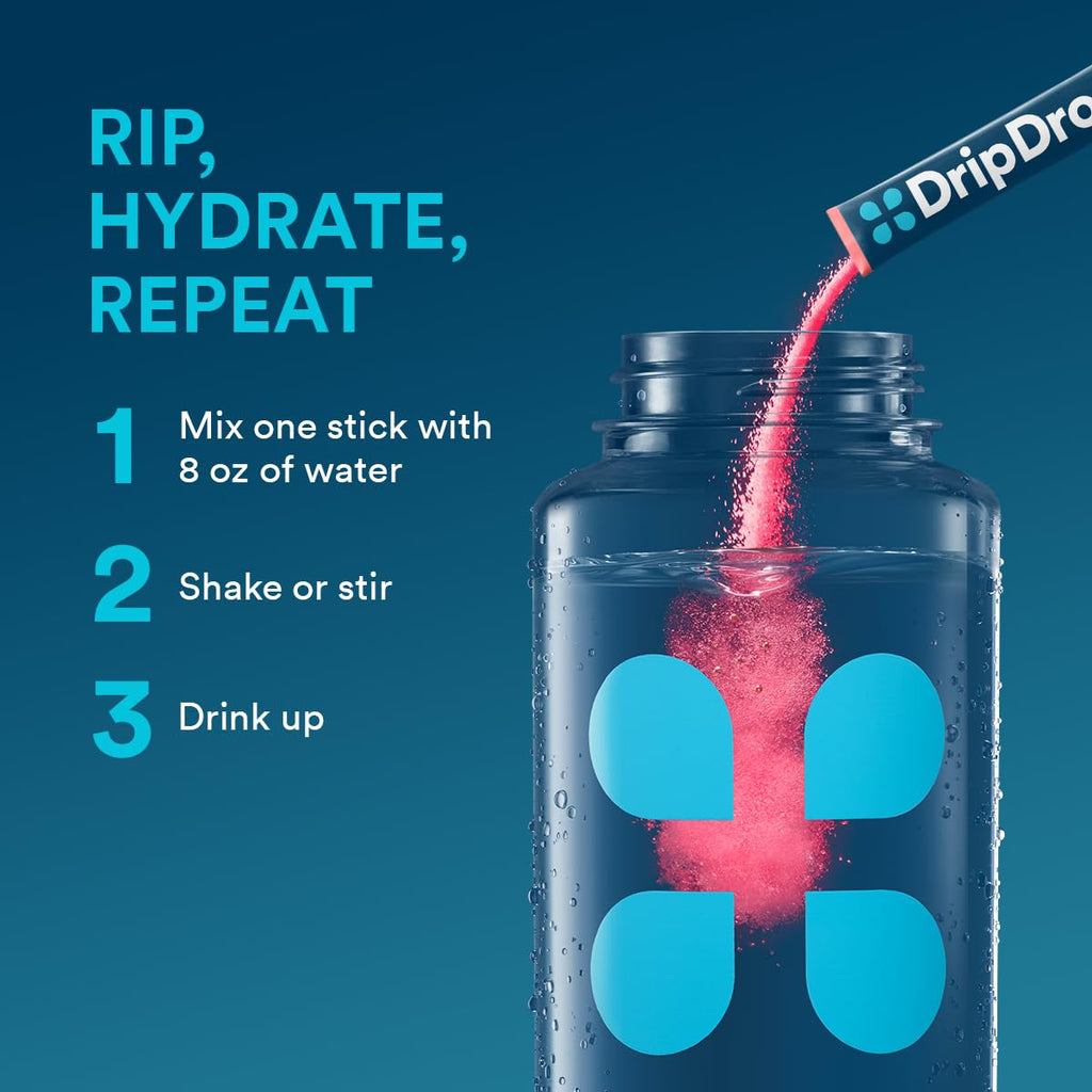 DripDrop Hydration Packets - Sunburst Variety Pack - Single Serve Electrolytes Powder Drink Mix - Lemon Lime, Strawberry, Peach, Black Cherry - Non-GMO, Gluten Free, Vegan - 32 Sticks