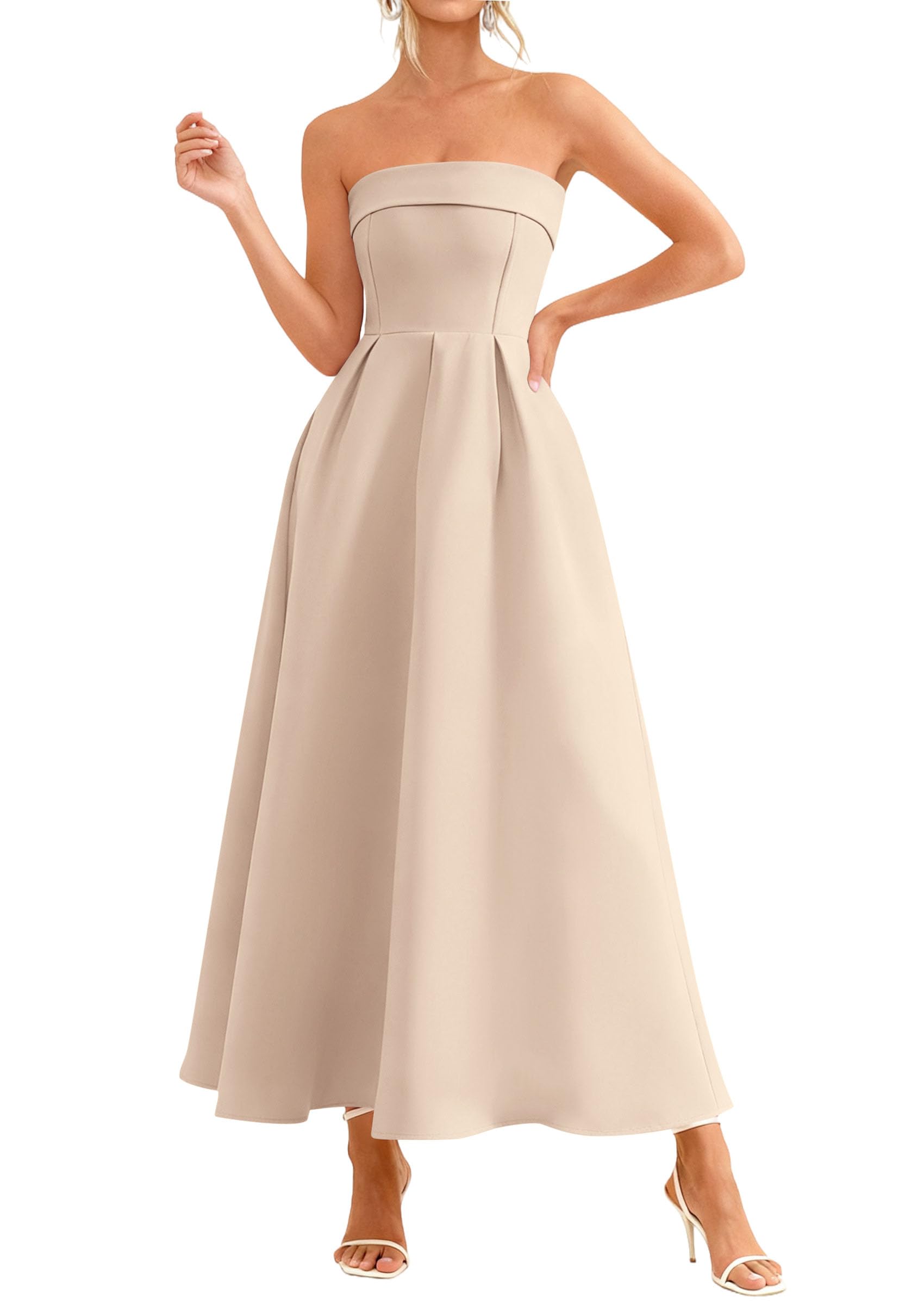 PRETTYGARDEN Cocktail Dresses for Women 2026 Summer Formal Elegant Tube Top Strapless Spring Wedding Guest Party Midi Dress(Beige,Small)