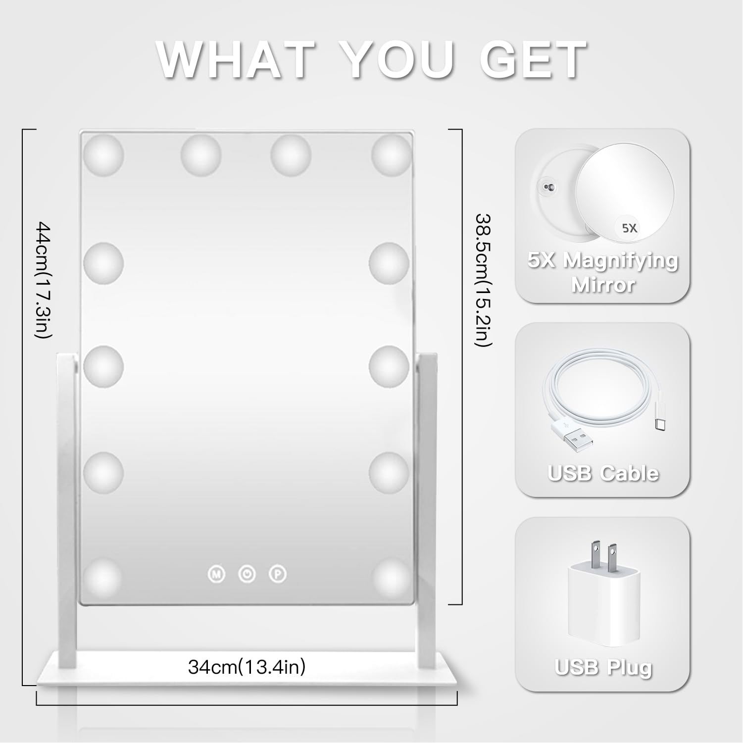 HIEEY Hollywood Vanity Mirror with 12 Dimmable Bulbs Lights, Three Color Lighting Modes, and 5X Magnification, Smart Touch Control, 360°Rotation (White,Gift Box)