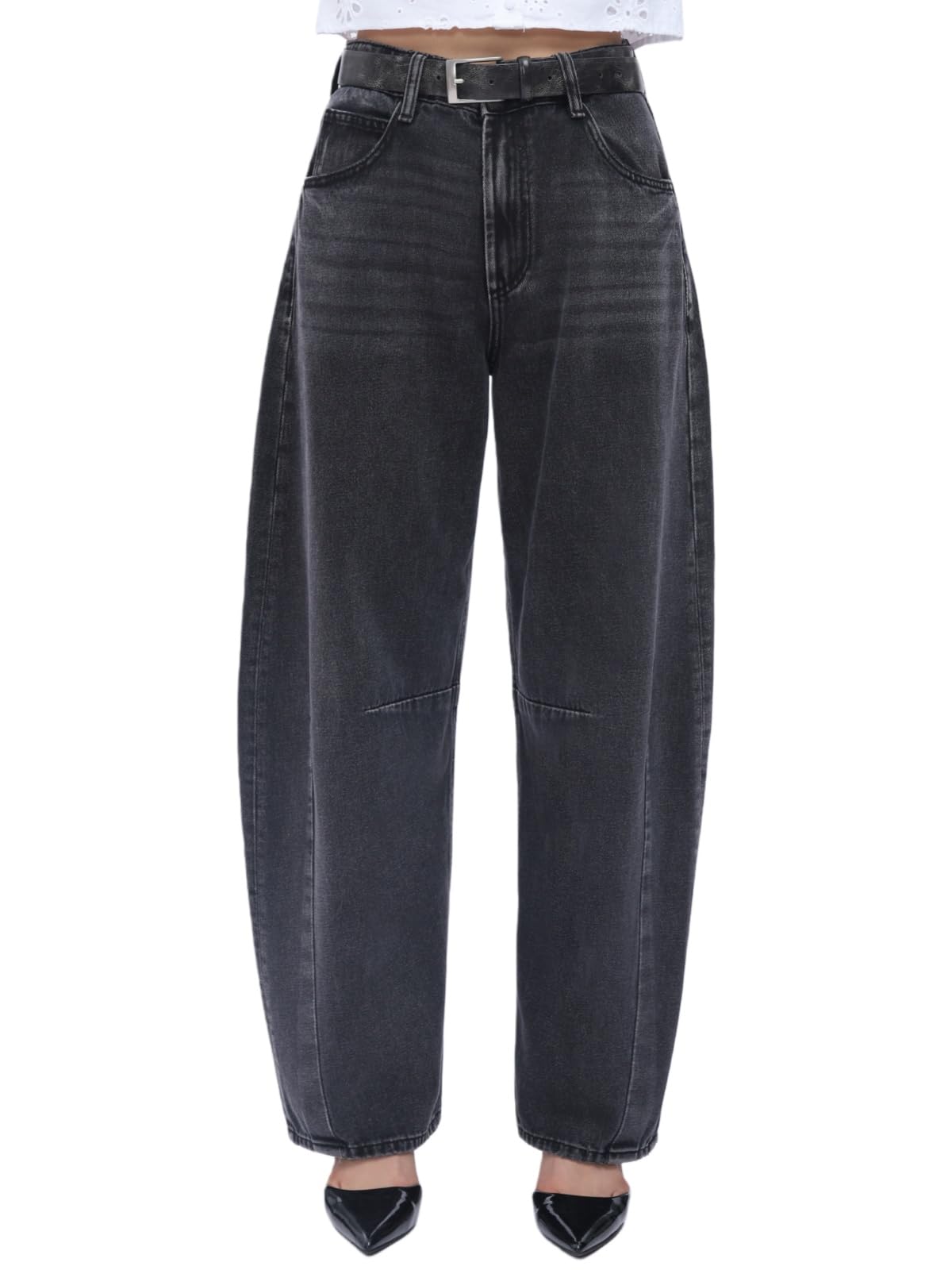 SHAPUM Black Baggy Barrel Jeans for Women High Waisted Trendy Balloon Jeans Retro Pear Shaped Boyfriend Distressed Jean