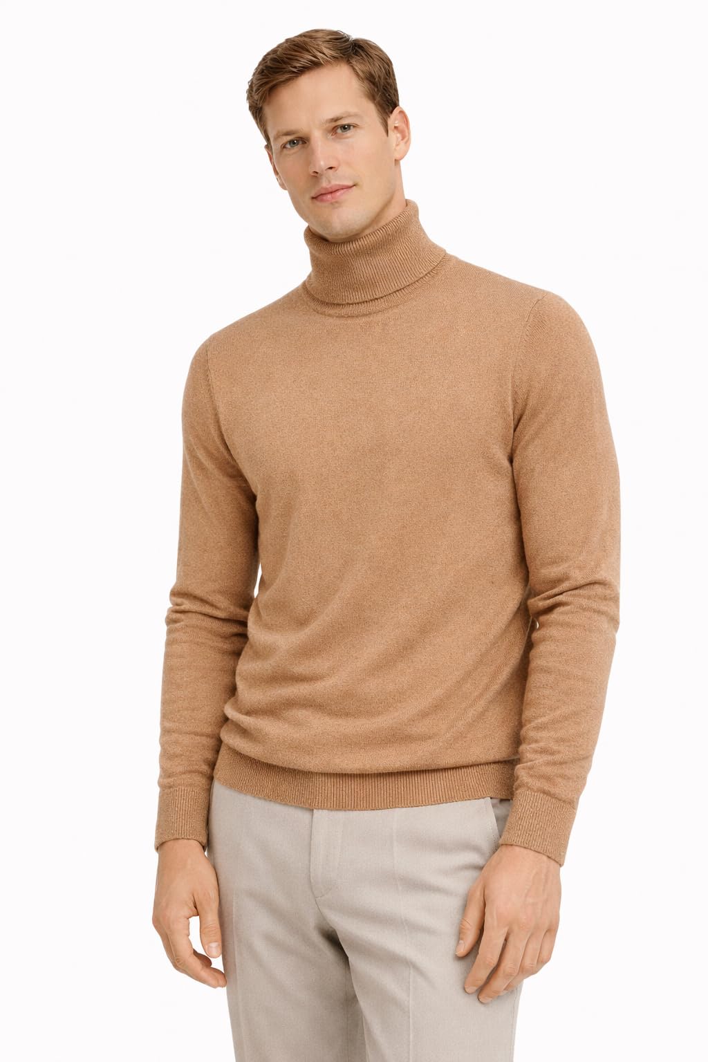 State Cashmere Men's Essential Turtleneck Sweater 100% Pure Cashmere Classic Long Sleeve Pullover (Camel, Large)