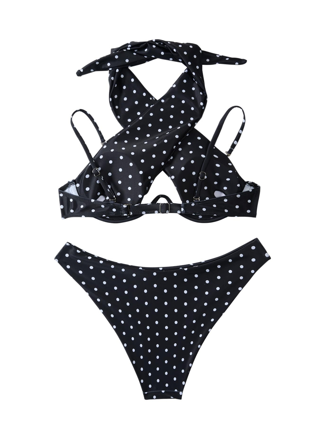 Lilosy Sexy Cute Underwire Push Up Cutout Halter Criss Cross High Cut Leg Thong Brazilian Bikini Swimsuit Set Women Cheeky Bottom Bathing Suit 2 Two Piece Polka Dot Black Medium
