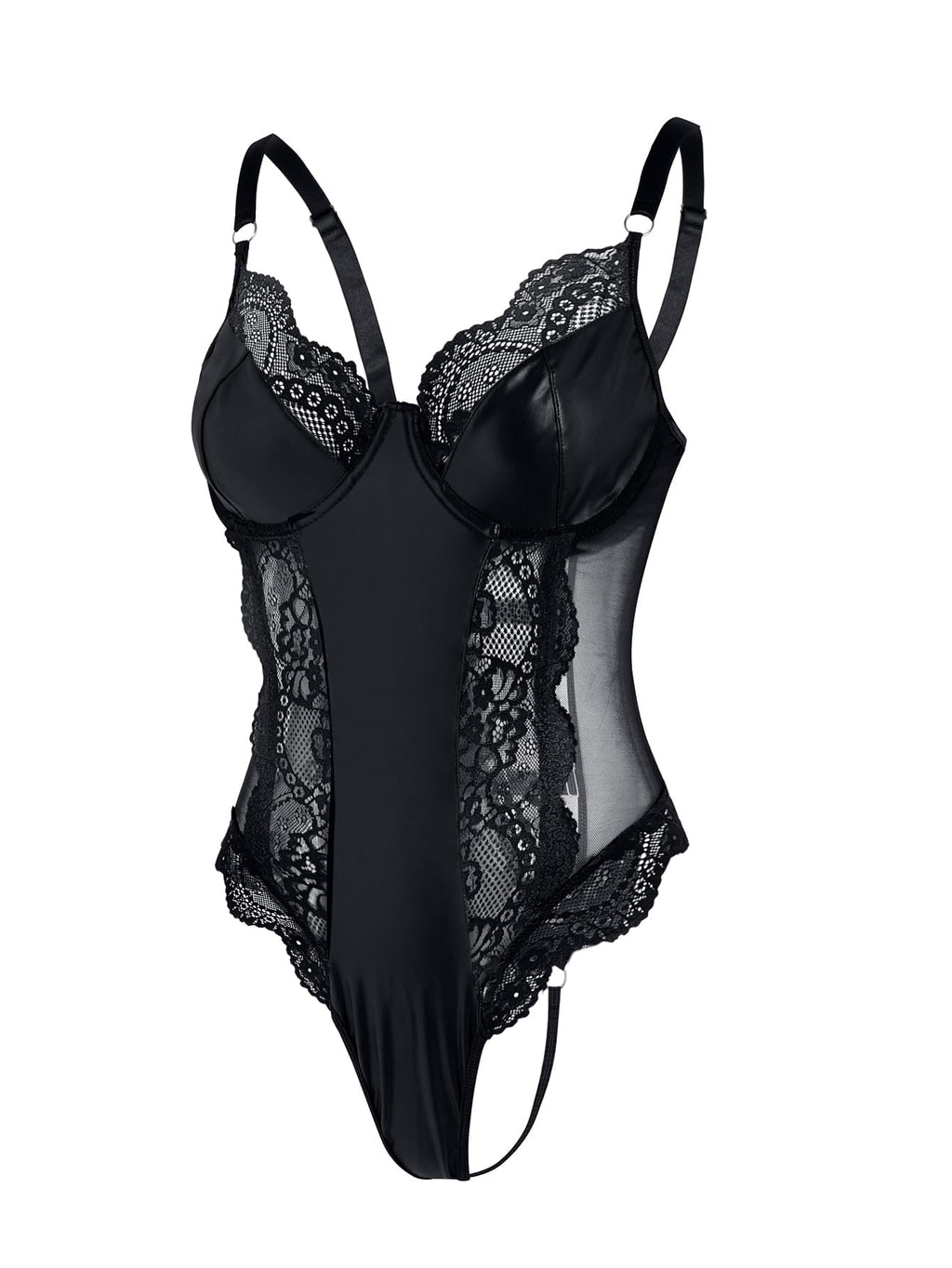 Lilosy Petite Sexy Leather Underwire Push Up Floral Lace Sheer Corset Lingerie Women Teddy Bodysuit Bustier Top One Piece Latex Black XX-Small