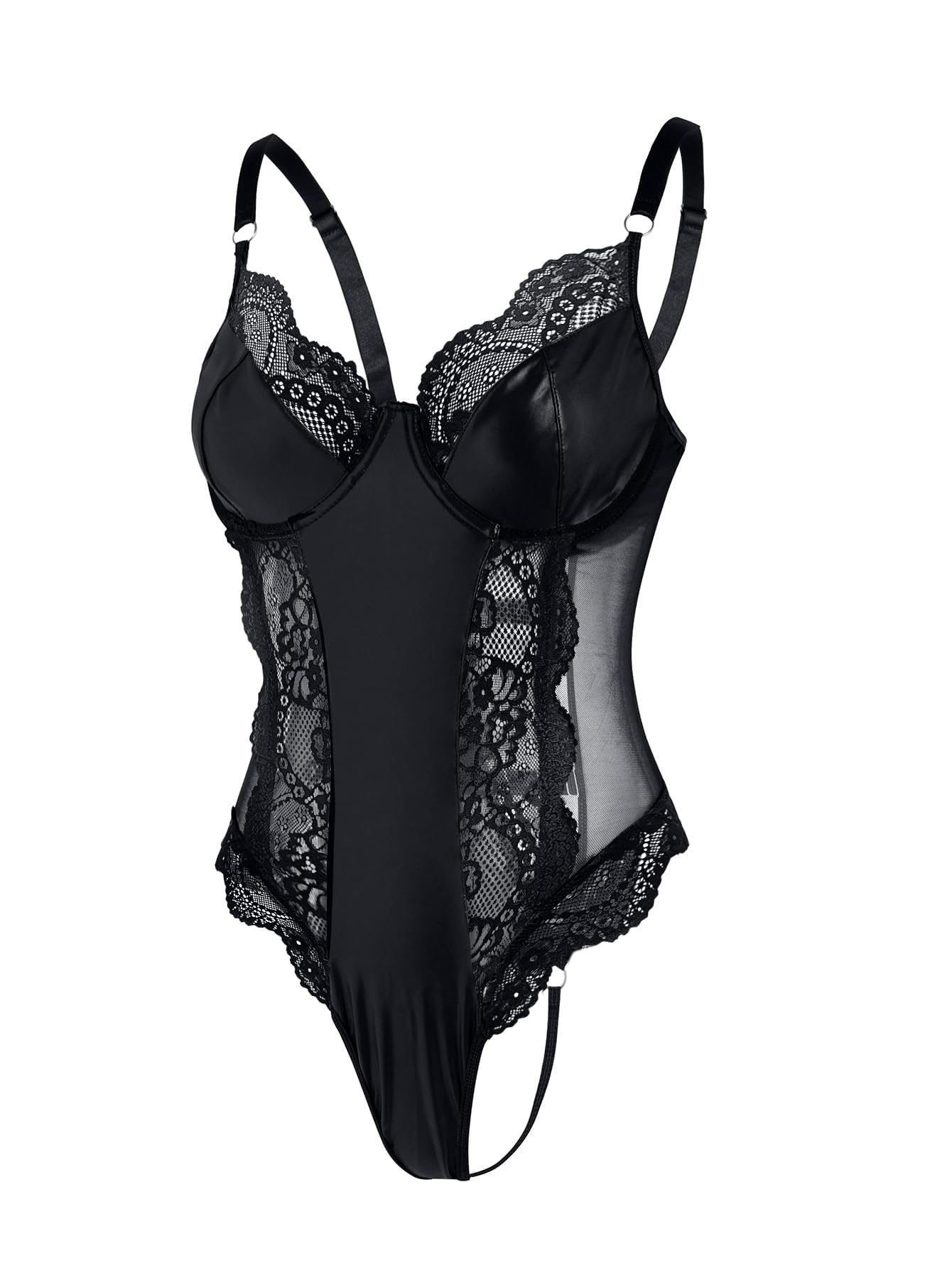 Lilosy Petite Sexy Leather Underwire Push Up Floral Lace Sheer Corset Lingerie Women Teddy Bodysuit Bustier Top One Piece Latex Black XX-Small