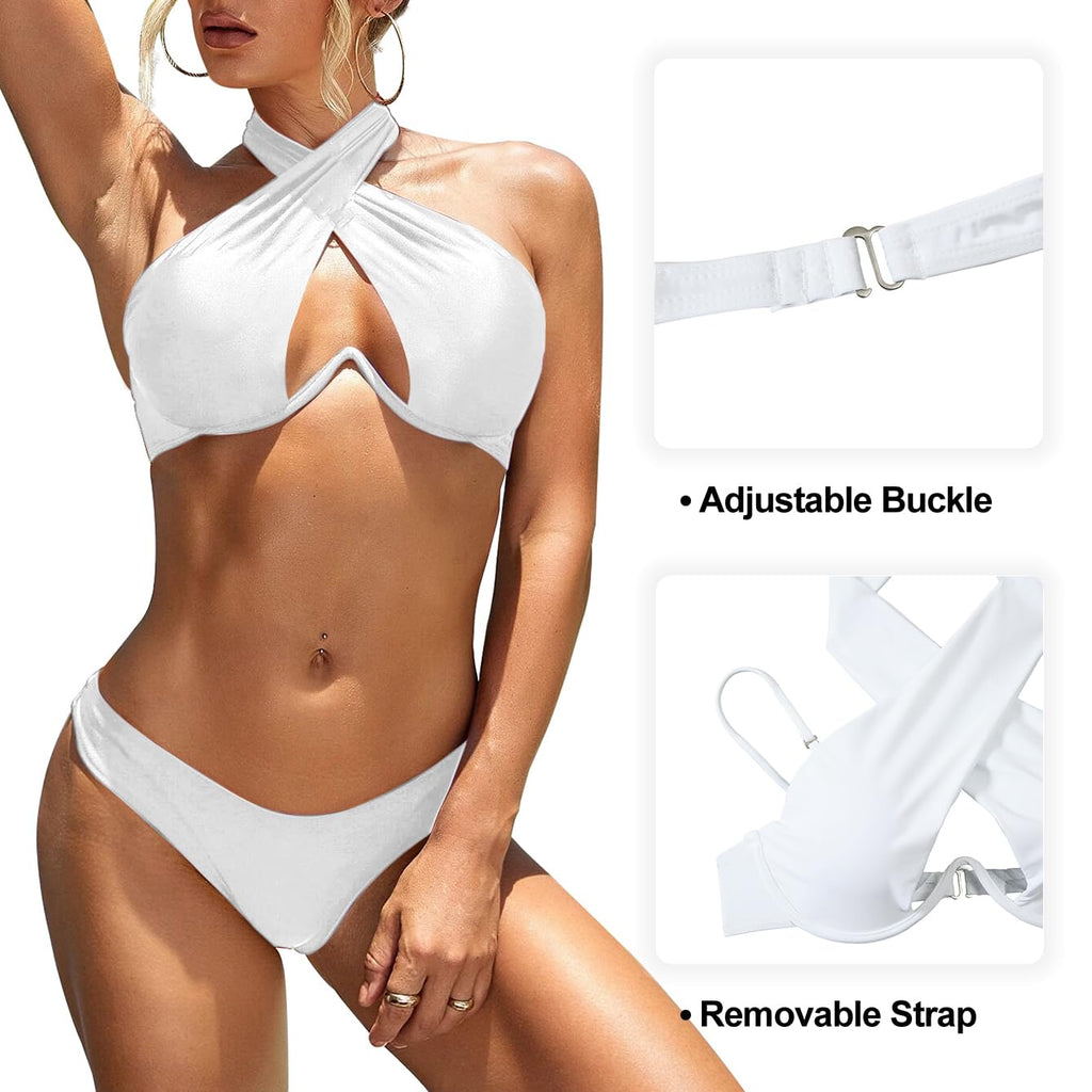 Lilosy Sexy Cute Underwire Push Up Cutout Halter Criss Cross High Cut Leg Thong Brazilian Bikini Swimsuit Set Women Cheeky Bottom Bathing Suit 2 Two Piece White Medium