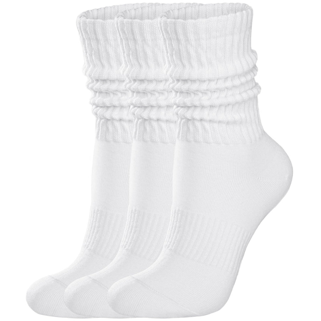 COZYOFFI Womens Scrunch Crew Socks: Retro Solid Slouch Mid Calf Socks - Cotton Casual Athletic Socks White