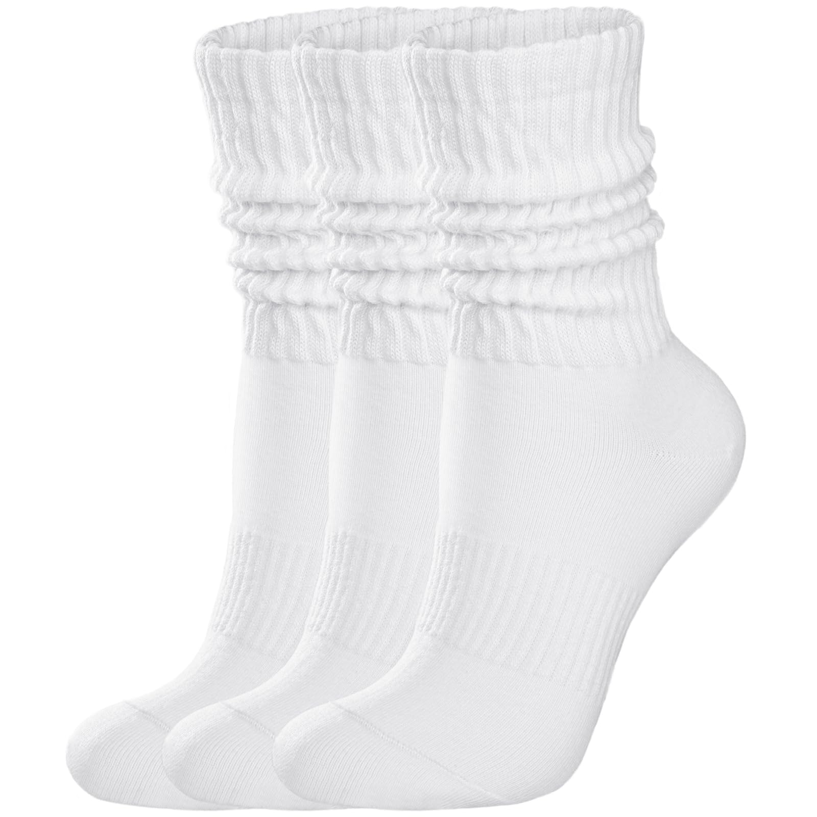 COZYOFFI Womens Scrunch Crew Socks: Retro Solid Slouch Mid Calf Socks - Cotton Casual Athletic Socks White
