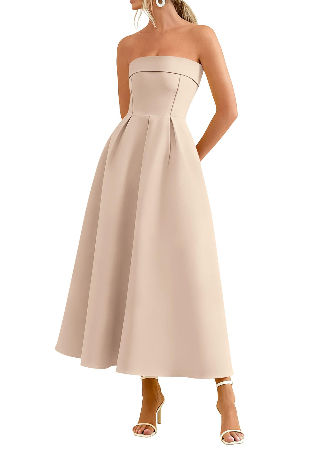 PRETTYGARDEN Cocktail Dresses for Women 2026 Summer Formal Elegant Tube Top Strapless Spring Wedding Guest Party Midi Dress(Beige,Small)