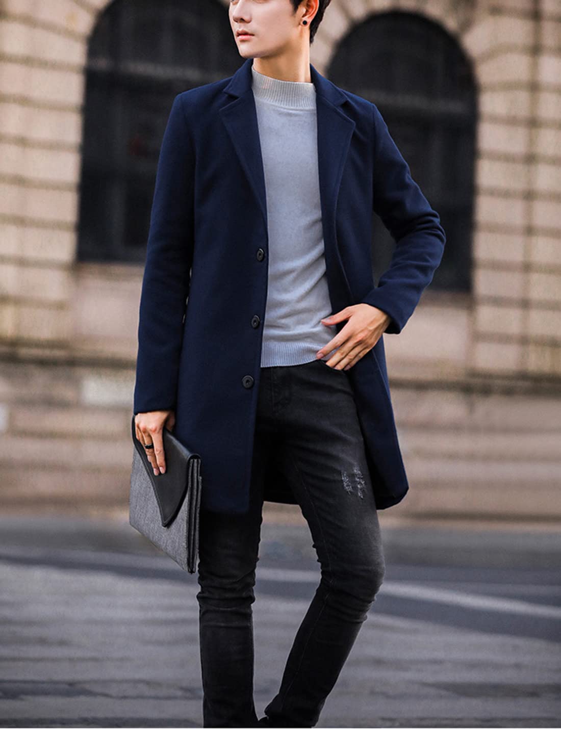Springrain Men's Wool Blend Pea Coat Notched Collar Single Breasted Overcoat Warm Winter Trench Coat(Navy-S)