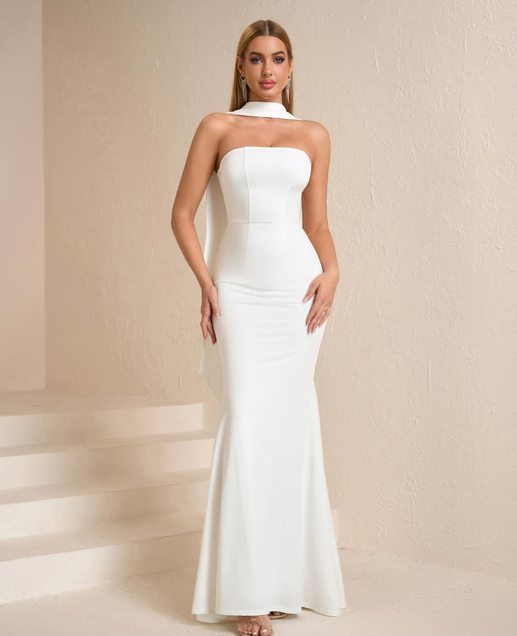 Auraxe 2026 Women's Bodycon Formal Maxi Dresses Elegant Tube Summer Wedding Guest Cocktail Party Dress with Scarf White