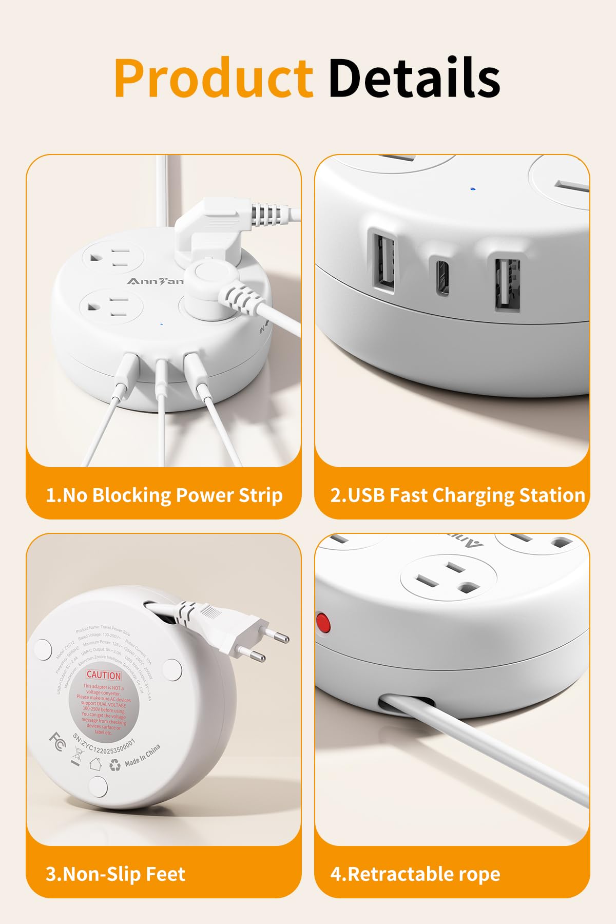 European Travel Plug Adapter - Retractable Power Strip with 4 AC Outlets & 3 USB Ports (USB-C), Type C Adapter for US to Most of Europe Iceland Spain Italy France Germany and More (White)