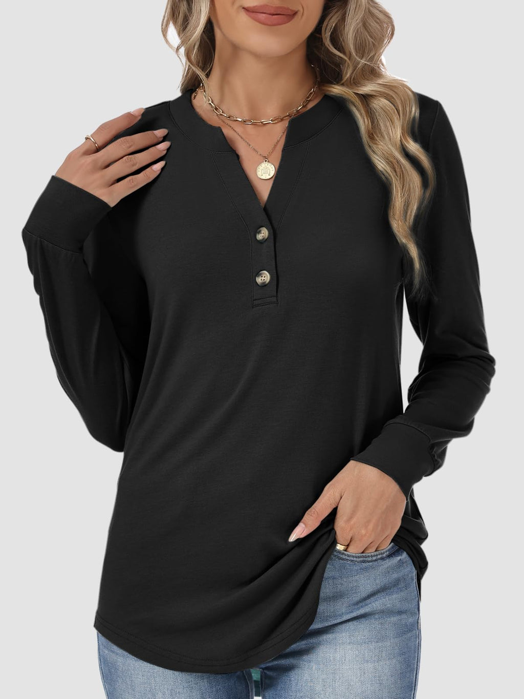 Lallabai Women's Long Sleeve Shirts Fall Button Henley Tunic Tops Dressy Casual Blouses 2026 T-Shirts Outfits Fashion Clothes Black
