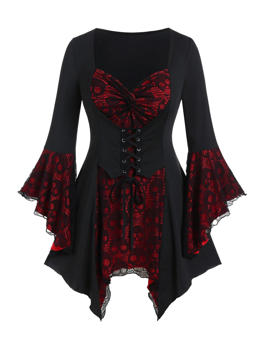 ROSE GAL Womens Plus Size Gothic Bell Sleeve Skull Lace Handkerchief Tee(Black_15/3X)