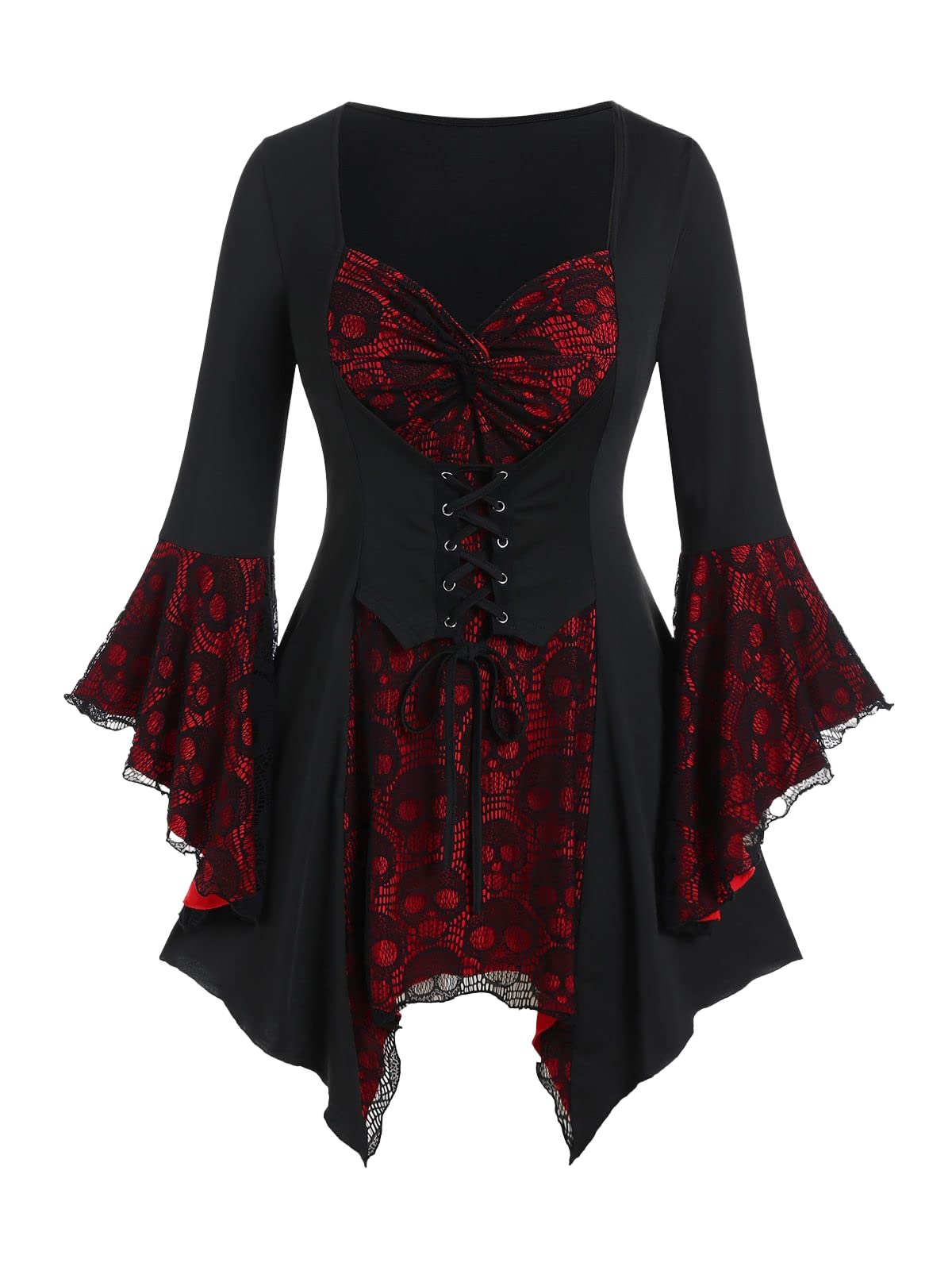 ROSE GAL Womens Plus Size Gothic Bell Sleeve Skull Lace Handkerchief Tee(Black_15/3X)